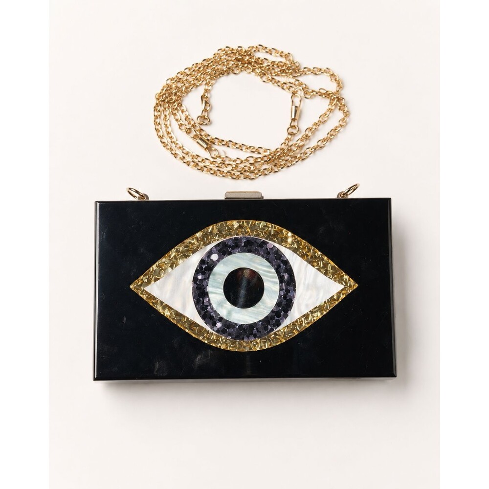Black Evil Eye Acrylic Box Clutch Gold Chain Evening Bag Unused